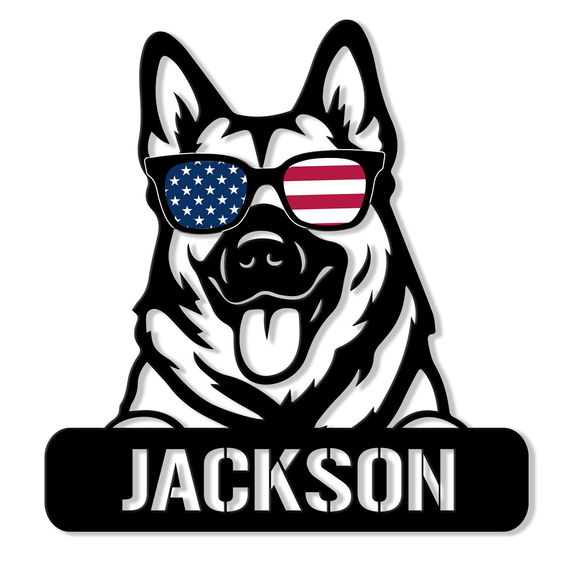 Norwegian Elkhound metal sign featuring a playful dog wearing American flag sunglasses