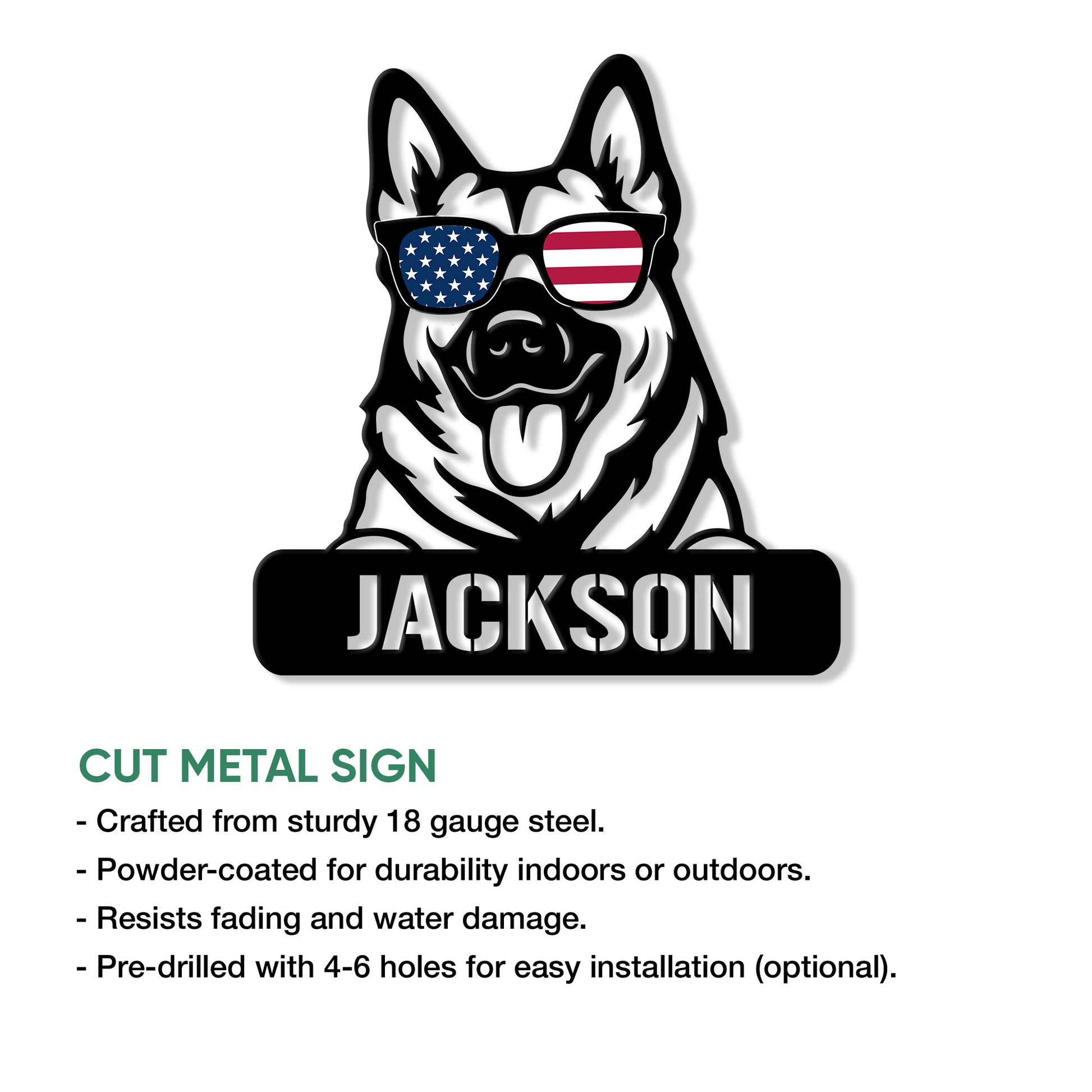 Norwegian Elkhound metal sign feature graphic highlighting cut-metal construction and indoor or outdoor use