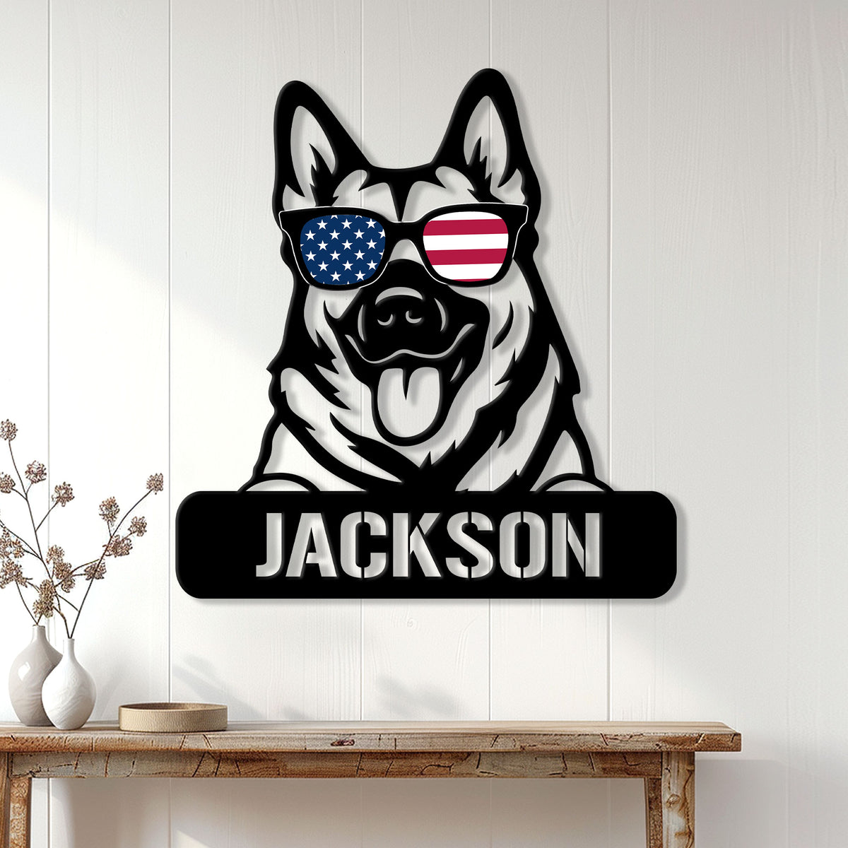 Norwegian Elkhound metal wall sign displayed on a light wood-paneled wall in a home