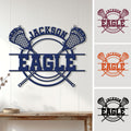 Custom lacrosse metal sign displayed on a white wall with crossed sticks and lacrosse head artwork