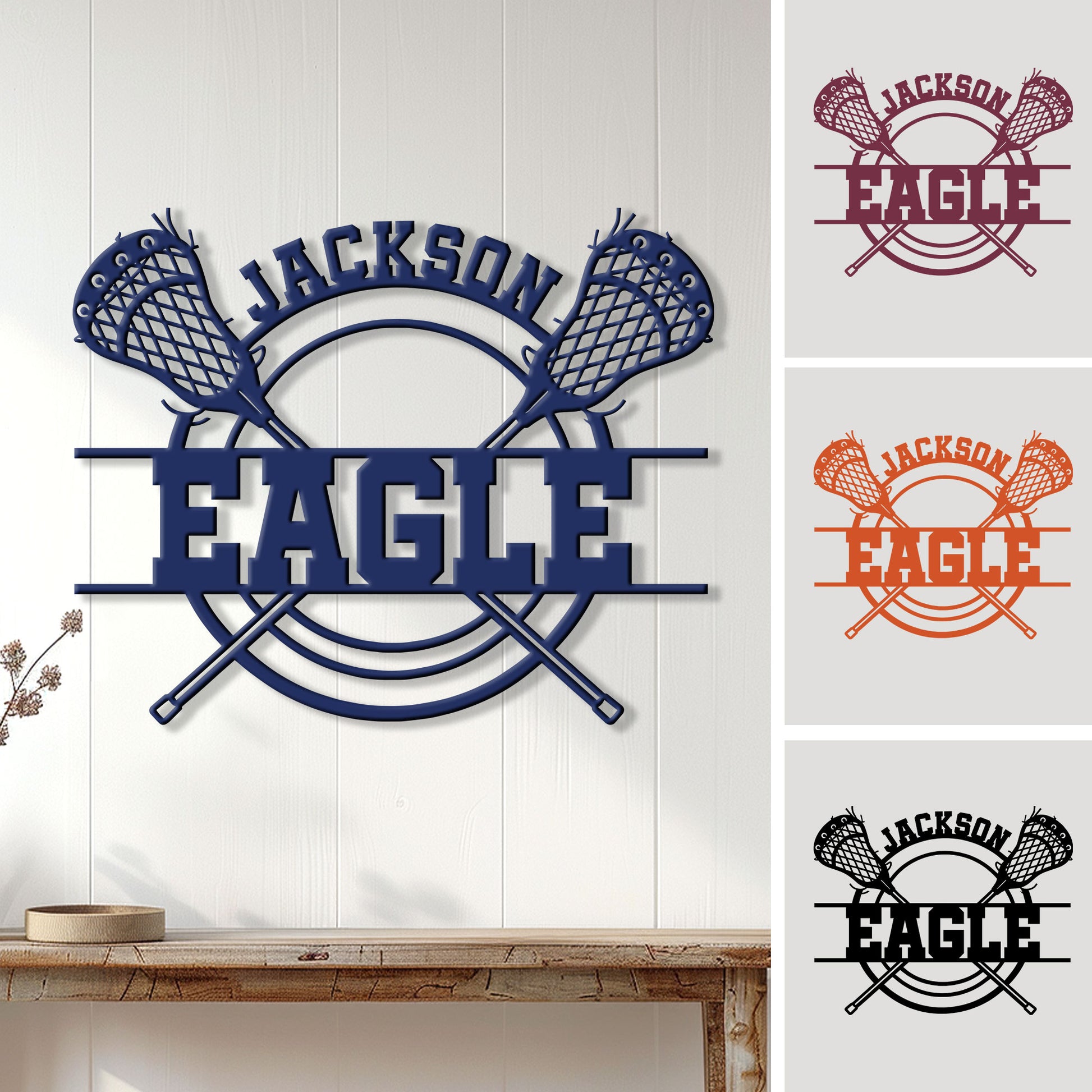 Custom lacrosse metal sign displayed on a white wall with crossed sticks and lacrosse head artwork