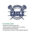 Lacrosse metal sign feature graphic showing crossed sticks, lacrosse heads, and bold athletic styling