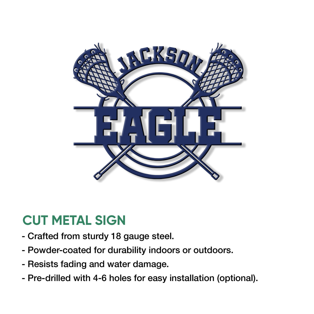 Lacrosse metal sign feature graphic showing crossed sticks, lacrosse heads, and bold athletic styling
