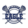 Close-up of lacrosse wall decor featuring two crossed sticks and detailed lacrosse head silhouettes