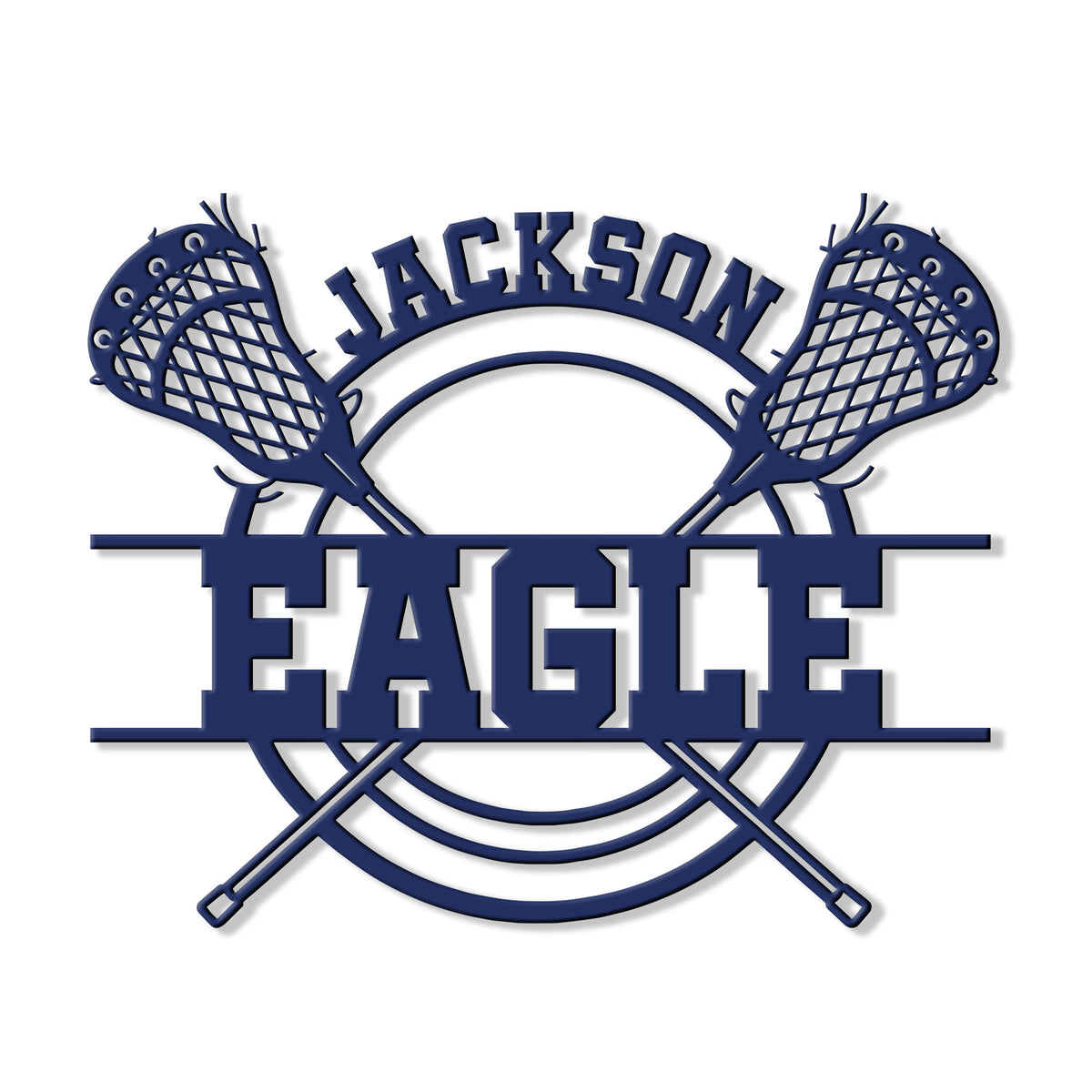 Close-up of lacrosse wall decor featuring two crossed sticks and detailed lacrosse head silhouettes