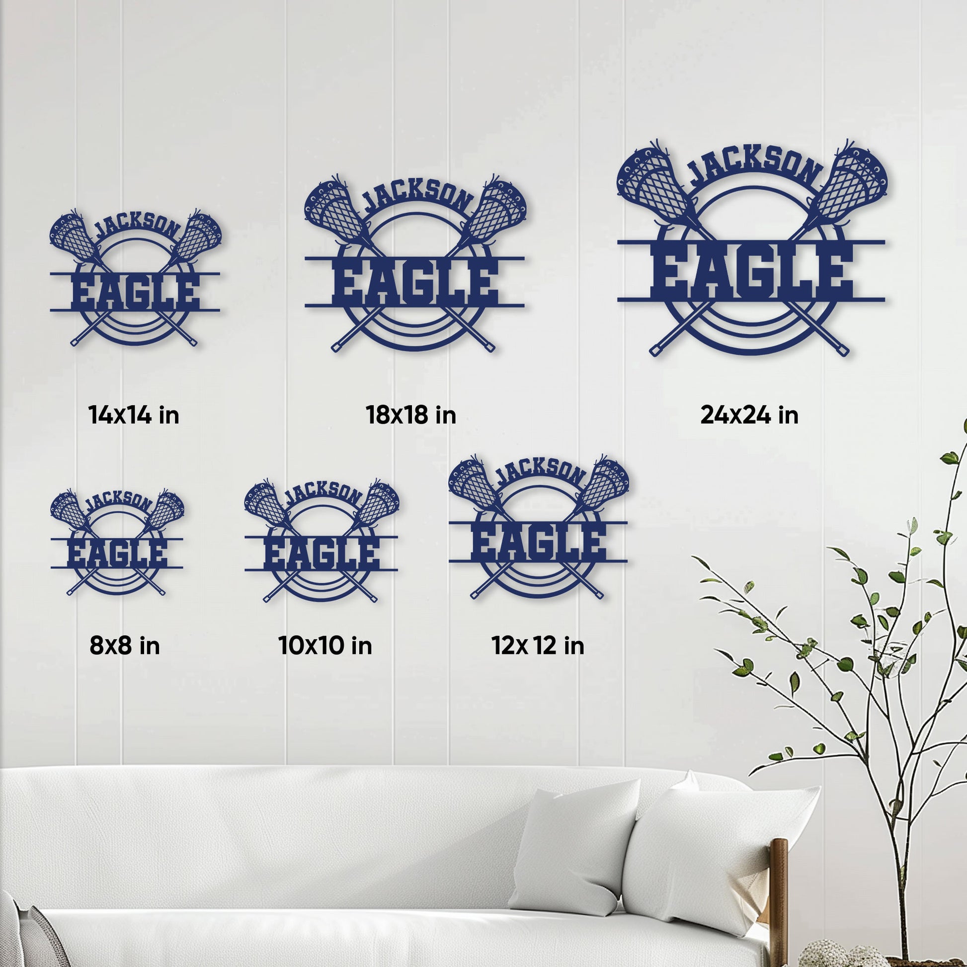 Lacrosse metal sign size guide showing available square sizes from 8 by 8 to 24 by 24 inches