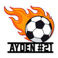 Flaming soccer ball metal sign with bold black custom design base for soccer fans