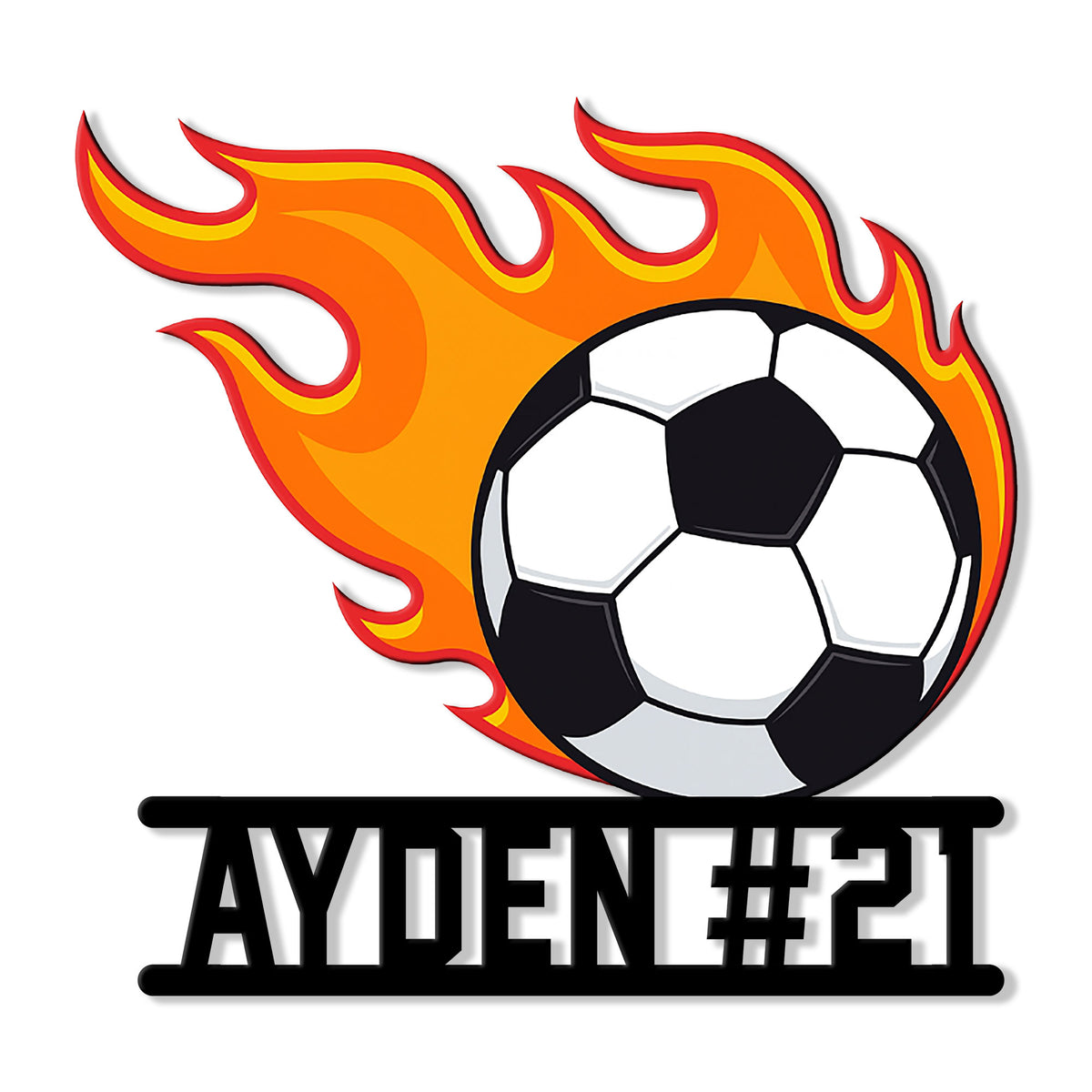 Flaming soccer ball metal sign with bold black custom design base for soccer fans