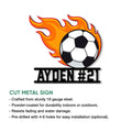 Flaming soccer ball cut metal sign shown with product feature information