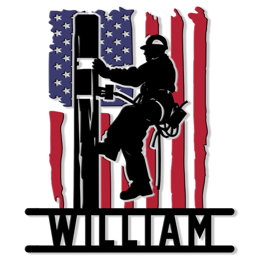 Custom lineman metal sign featuring a utility worker climbing a pole against an American flag design
