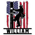 Custom lineman metal sign featuring a utility worker climbing a pole against an American flag design