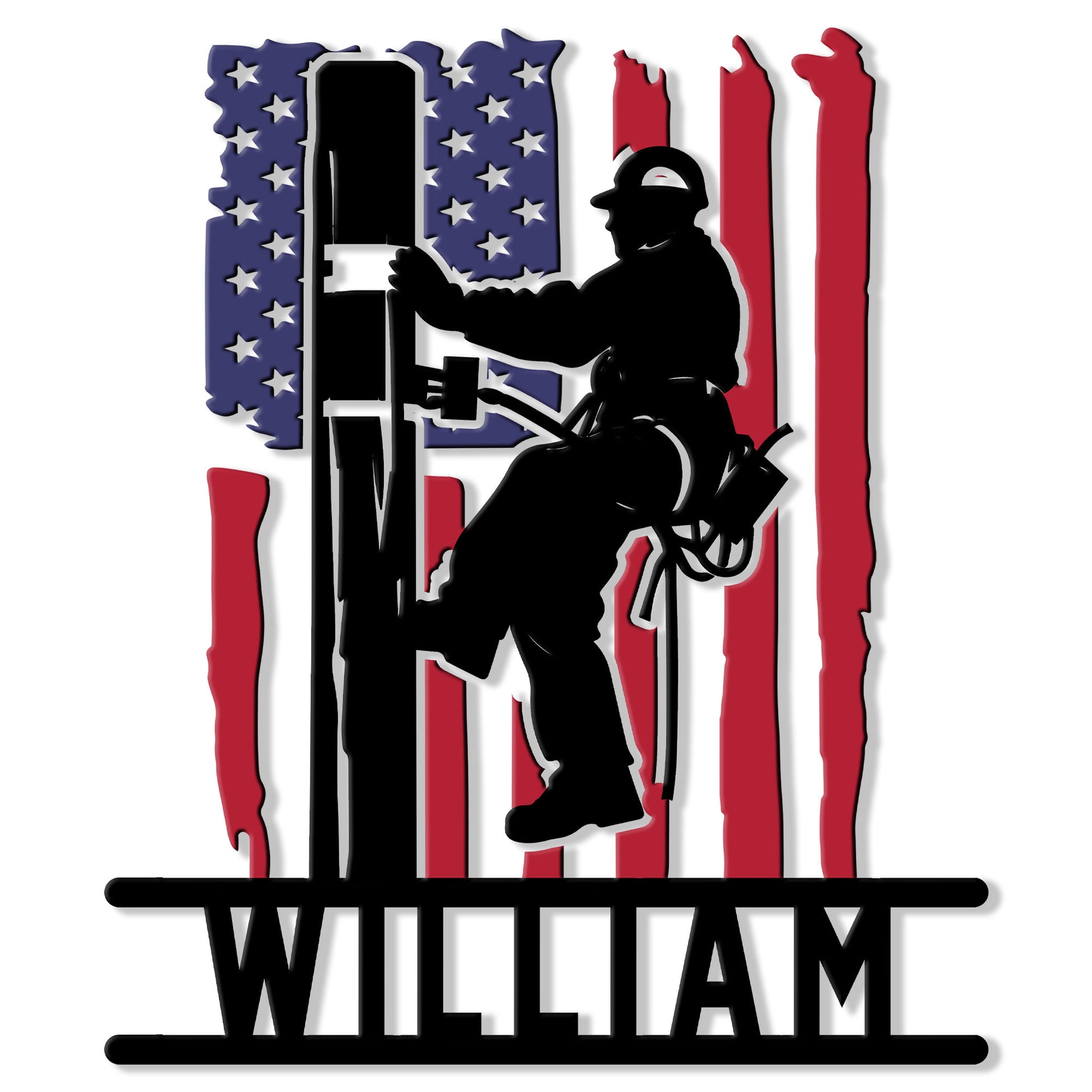 Custom lineman metal sign featuring a utility worker climbing a pole against an American flag design