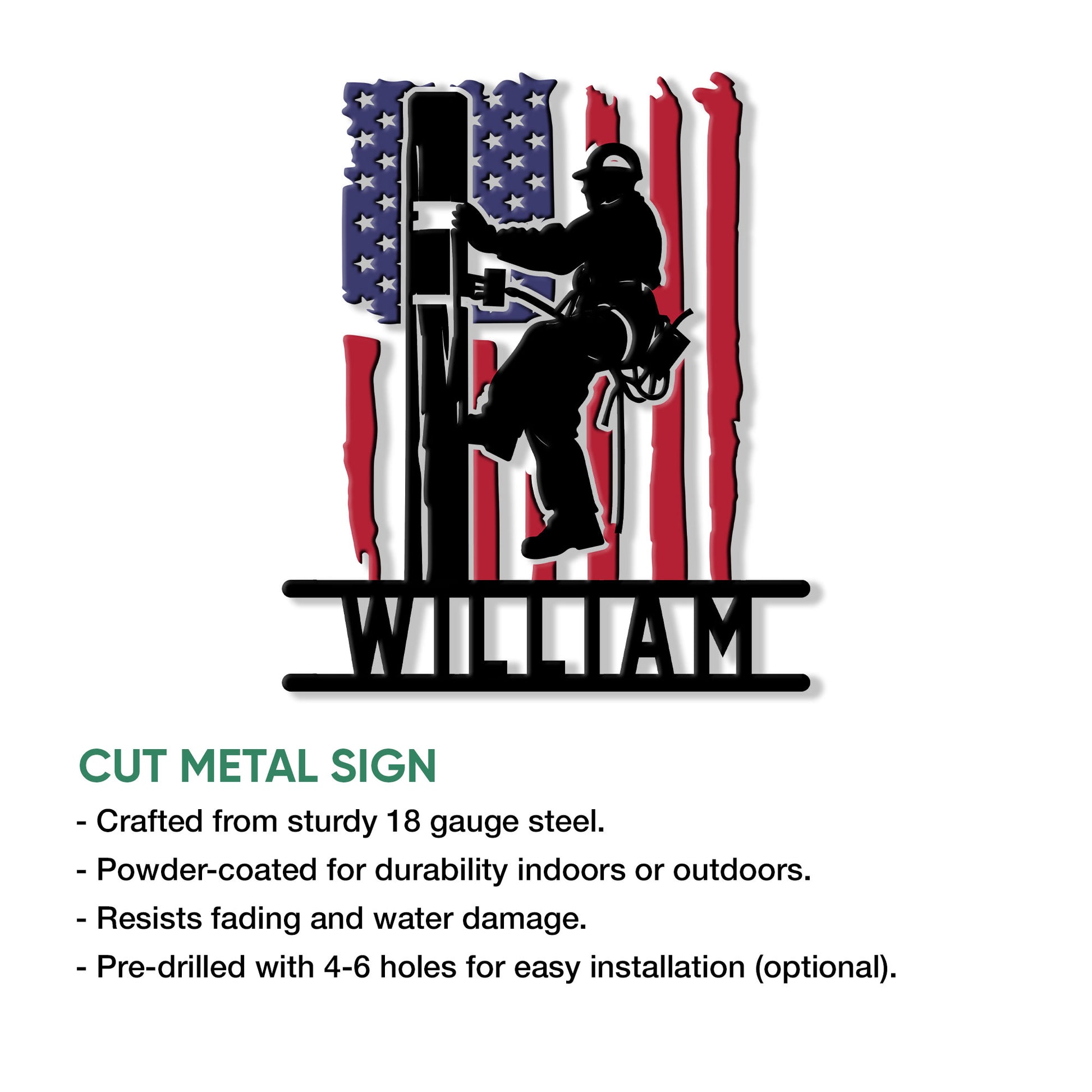 Lineman metal sign product graphic showing a utility worker silhouette and available sign features