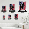 Lineman metal sign shown in multiple size options on a living room wall
