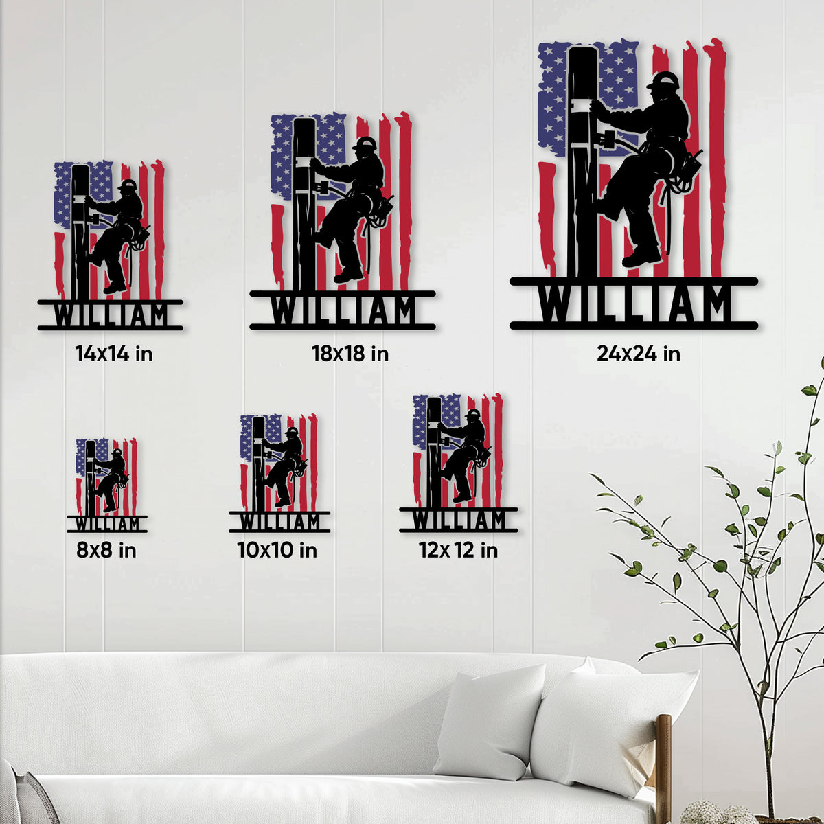 Lineman metal sign shown in multiple size options on a living room wall