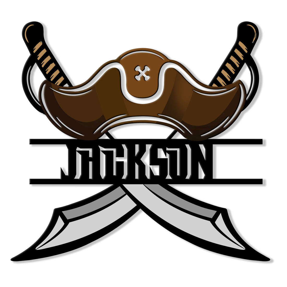 Pirate metal sign featuring a brown captain’s hat, crossed cutlasses, and bold decorative framing