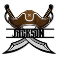 Pirate metal sign featuring a brown captain’s hat, crossed cutlasses, and bold decorative framing