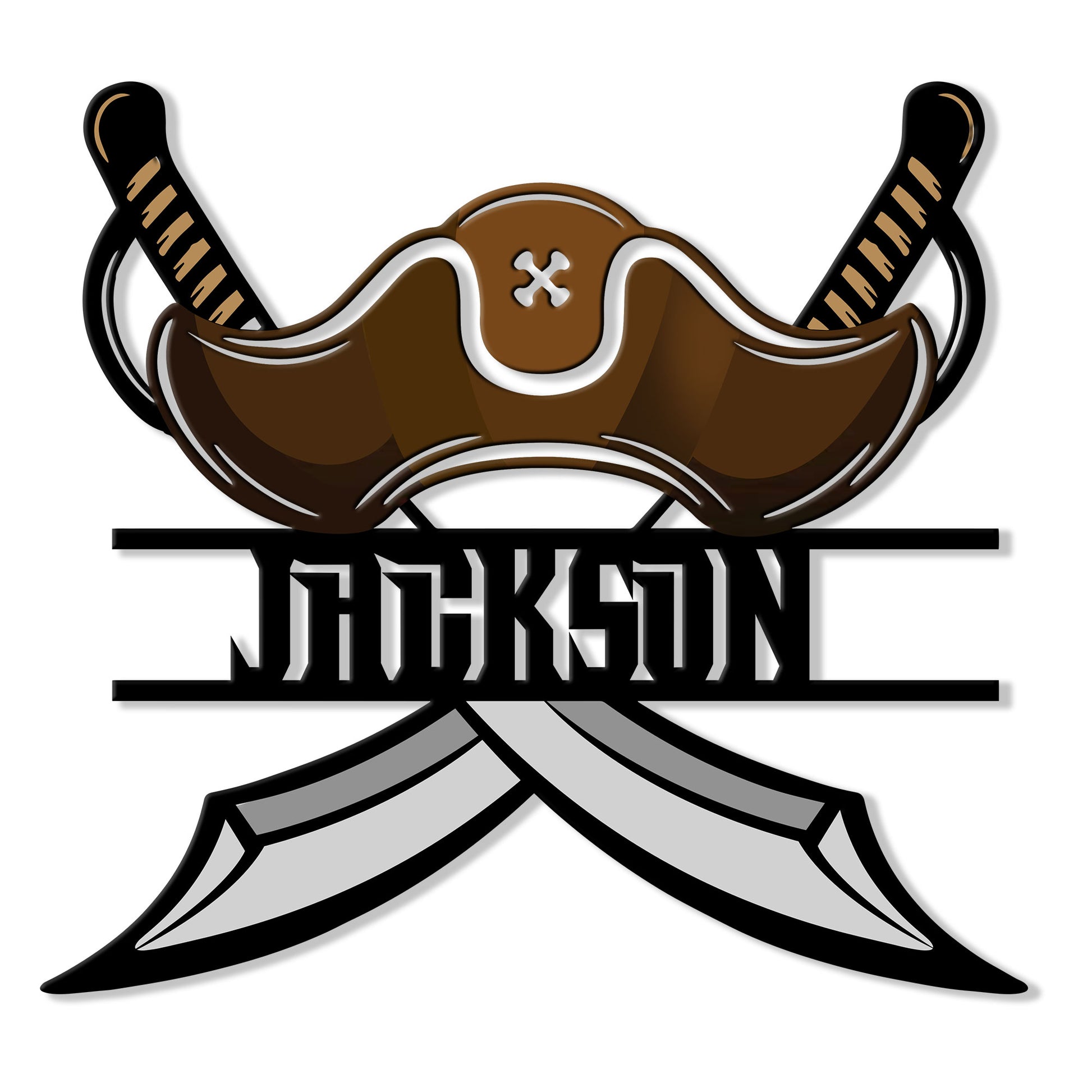 Pirate metal sign featuring a brown captain’s hat, crossed cutlasses, and bold decorative framing