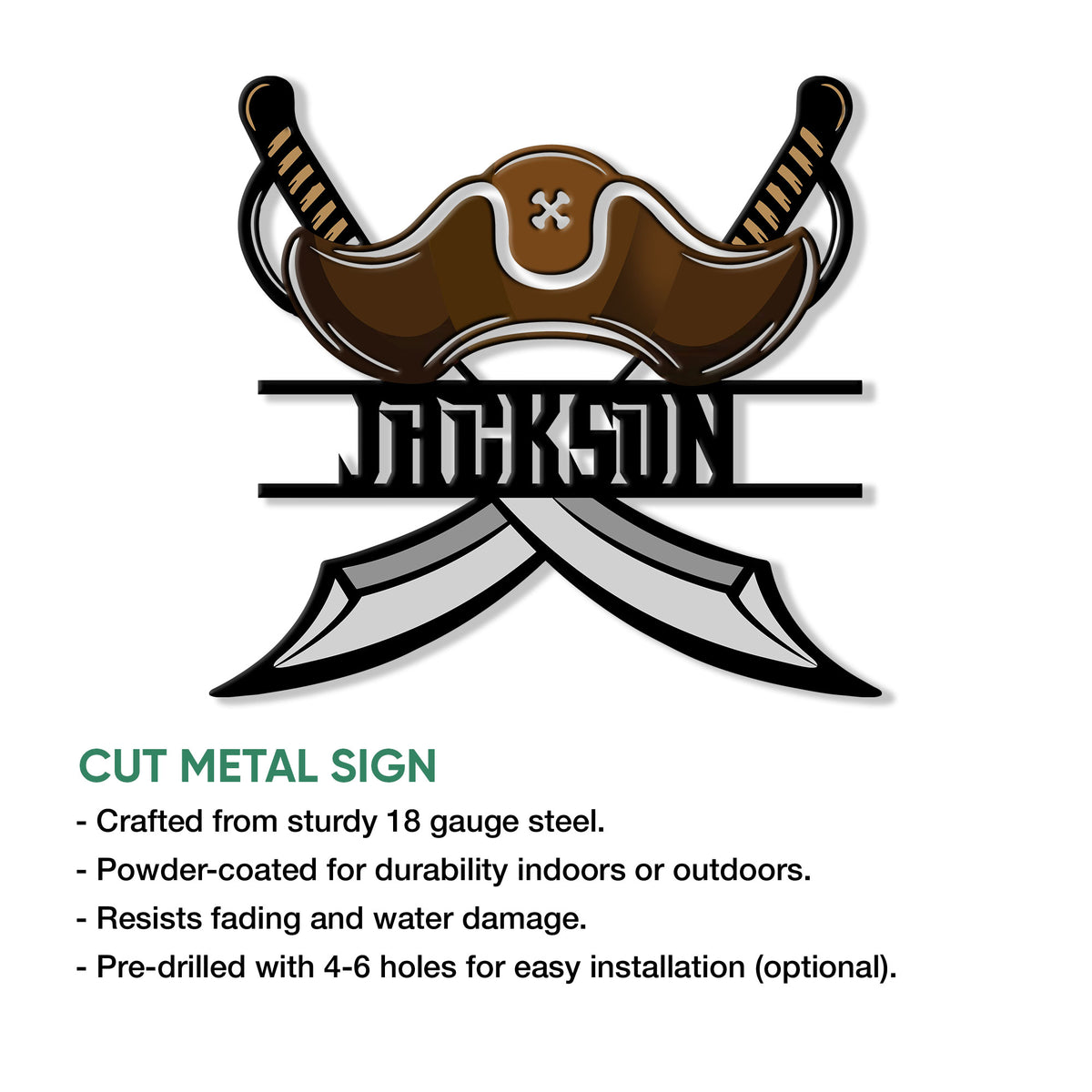 Pirate metal sign feature graphic showing a captain’s hat and crossed cutlasses with product details