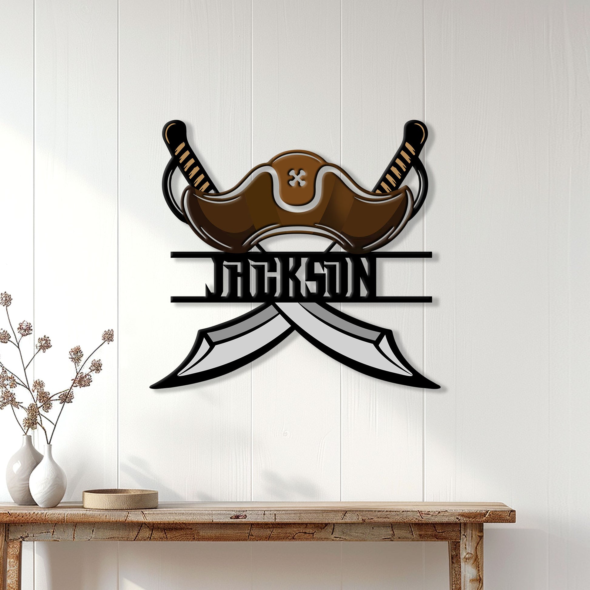 Pirate wall decor displayed above a rustic console table in a bright home interior