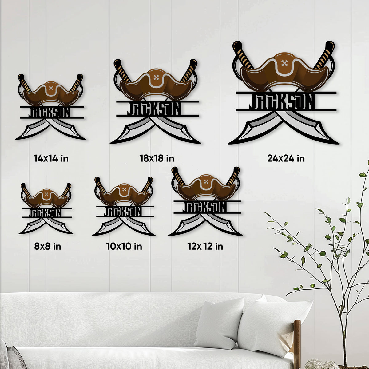 Pirate metal sign size guide showing available square dimensions from 8 by 8 to 24 by 24 inches