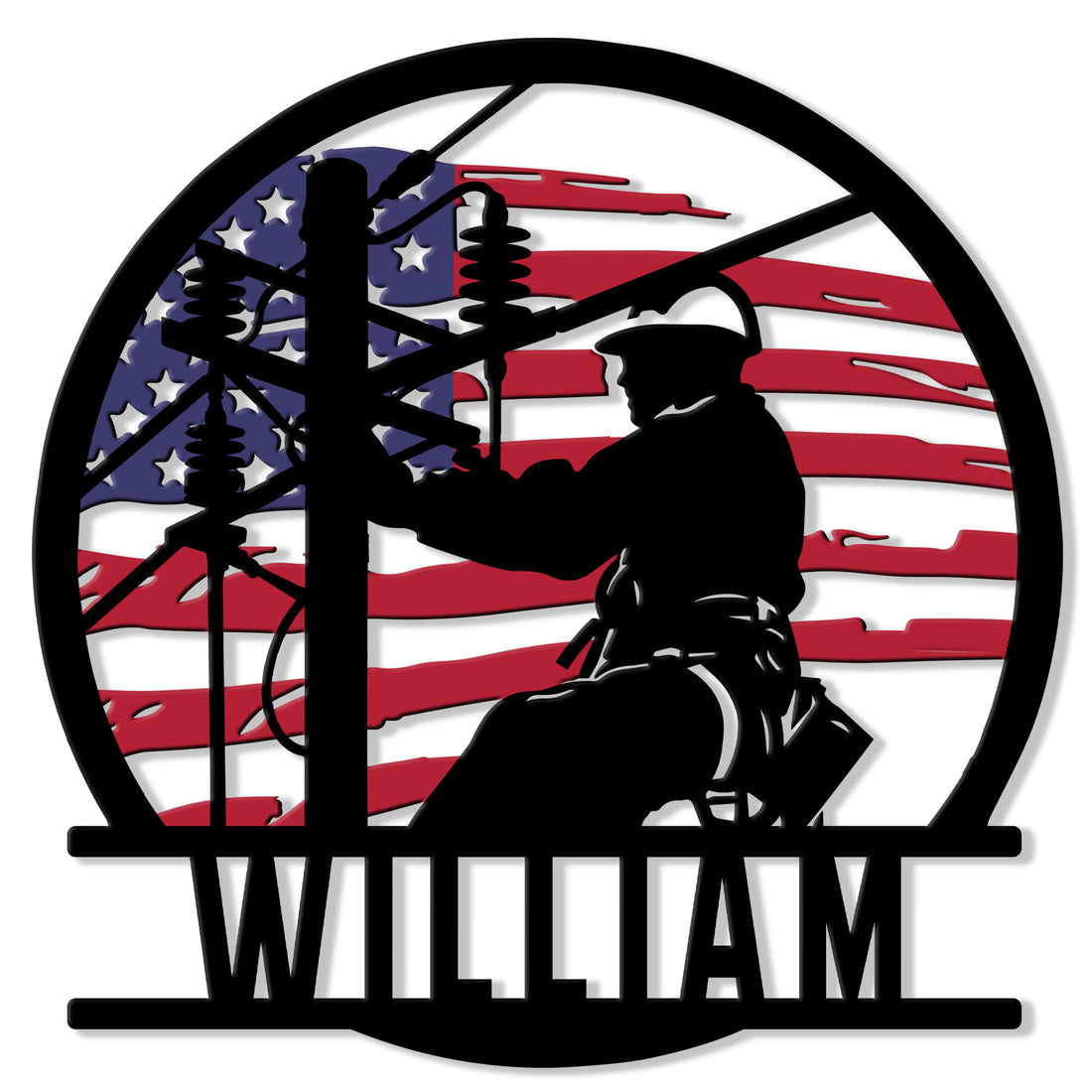 Lineman metal sign featuring a utility worker silhouette on a power pole with an American flag background