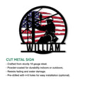 Lineman cut metal sign feature graphic showing a utility worker silhouette and American flag design