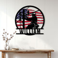 Lineman wall sign displayed on a bright paneled wall above a rustic console table