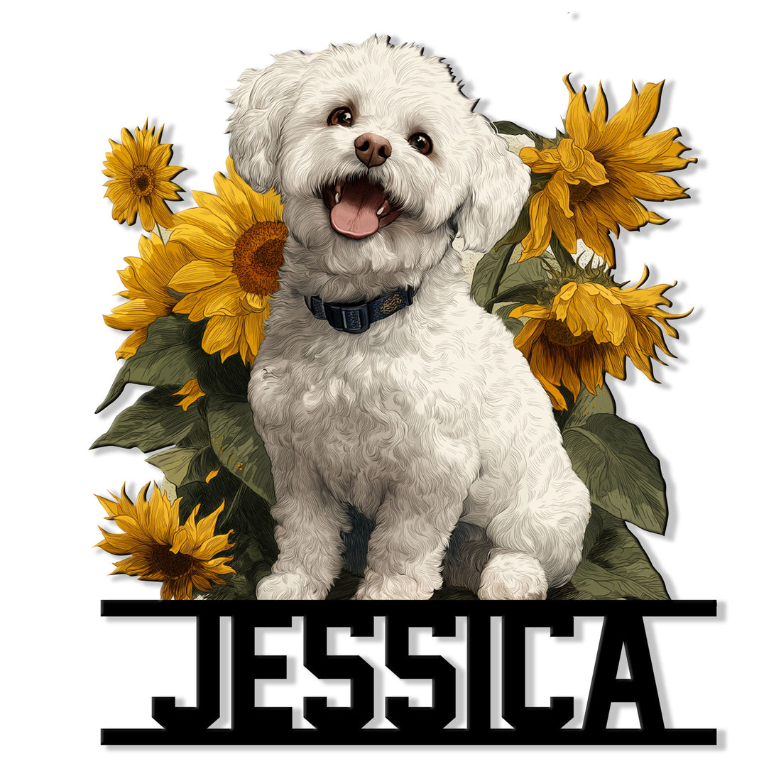 Custom Maltipoo metal sign featuring a happy fluffy dog surrounded by golden sunflowers