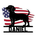 Custom dachshund metal sign featuring a black wiener dog silhouette over a distressed American flag