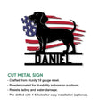 Dachshund American flag cut metal sign shown with its bold black dog silhouette and patriotic design