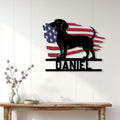 Dachshund metal wall sign displayed on a light wood-paneled wall above a console table