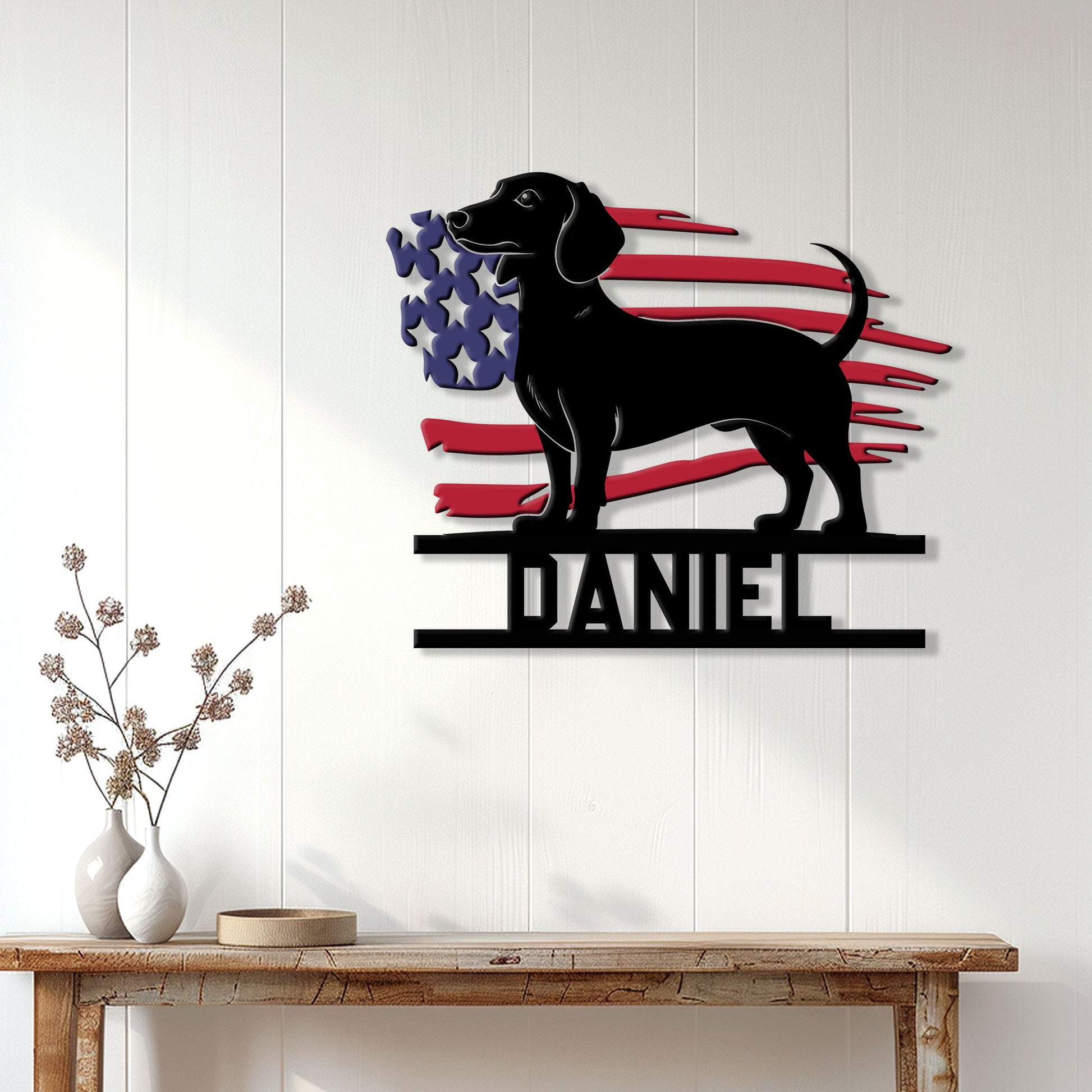 Dachshund metal wall sign displayed on a light wood-paneled wall above a console table