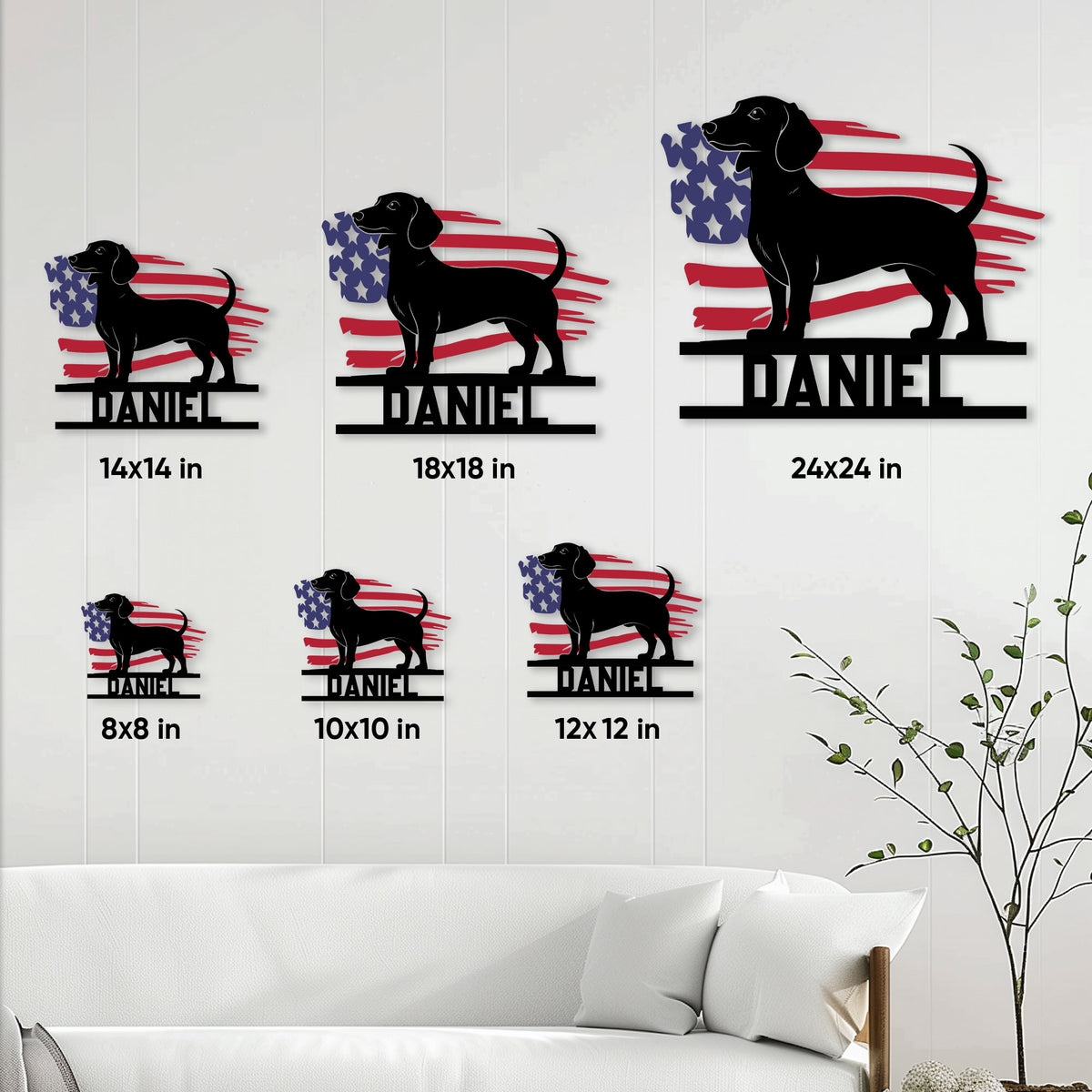 Dachshund American flag metal sign size guide showing six available square size options
