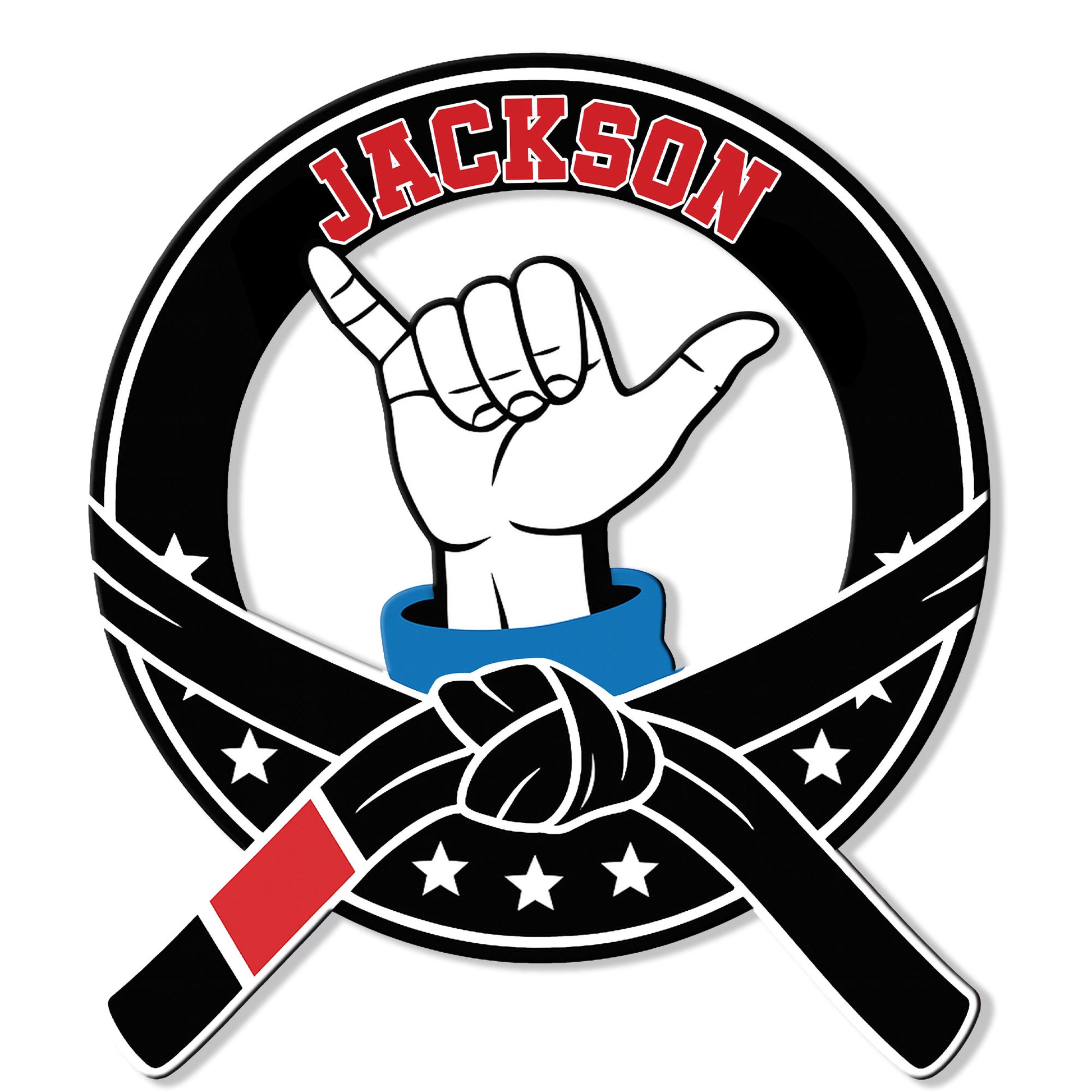 Custom Jiu Jitsu metal sign featuring a raised hand, crossed belts, and bold martial arts artwork