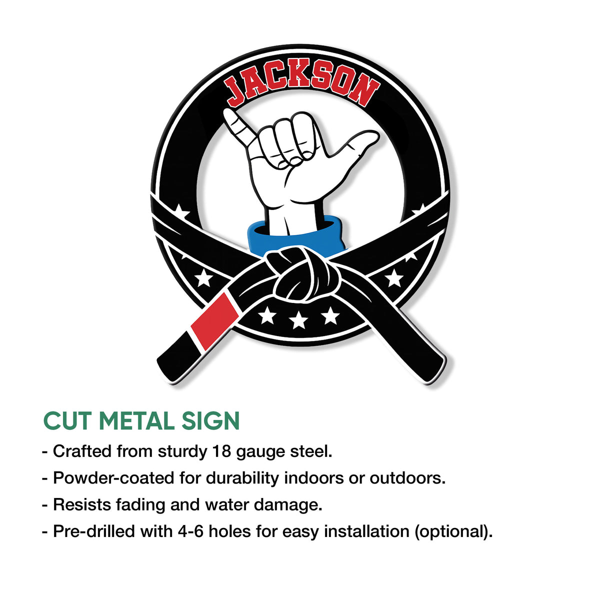 Jiu Jitsu cut metal sign product graphic featuring a raised hand and crossed belt design