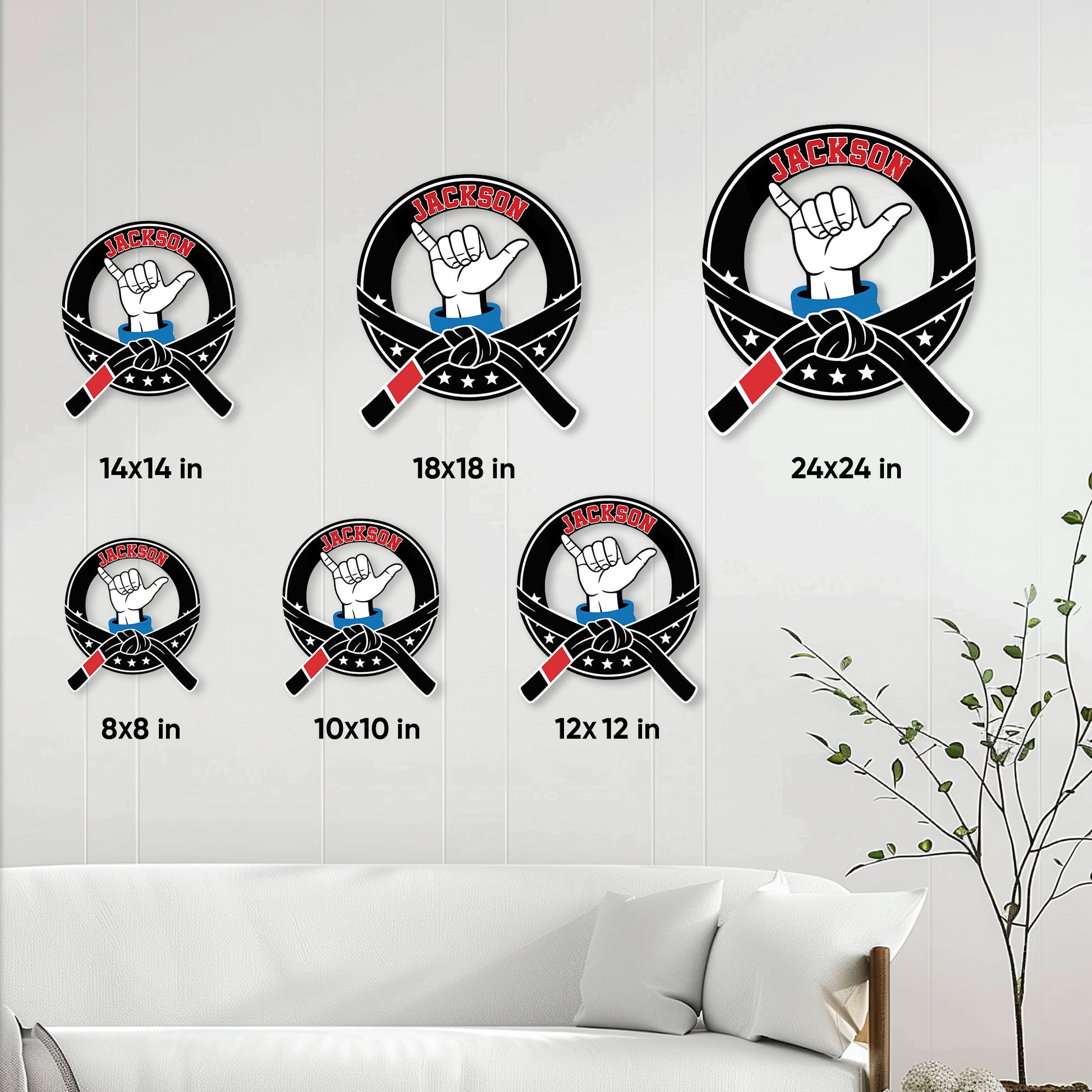 Jiu Jitsu metal sign size guide showing multiple circular sign sizes in a home decor setting