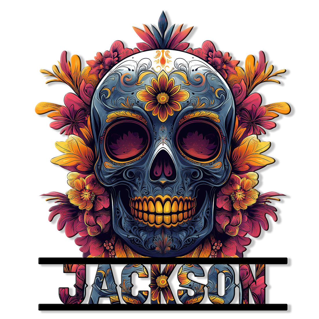 Colorful sugar skull metal sign surrounded by vibrant flowers and ornate decorative details