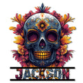 Colorful sugar skull metal sign surrounded by vibrant flowers and ornate decorative details