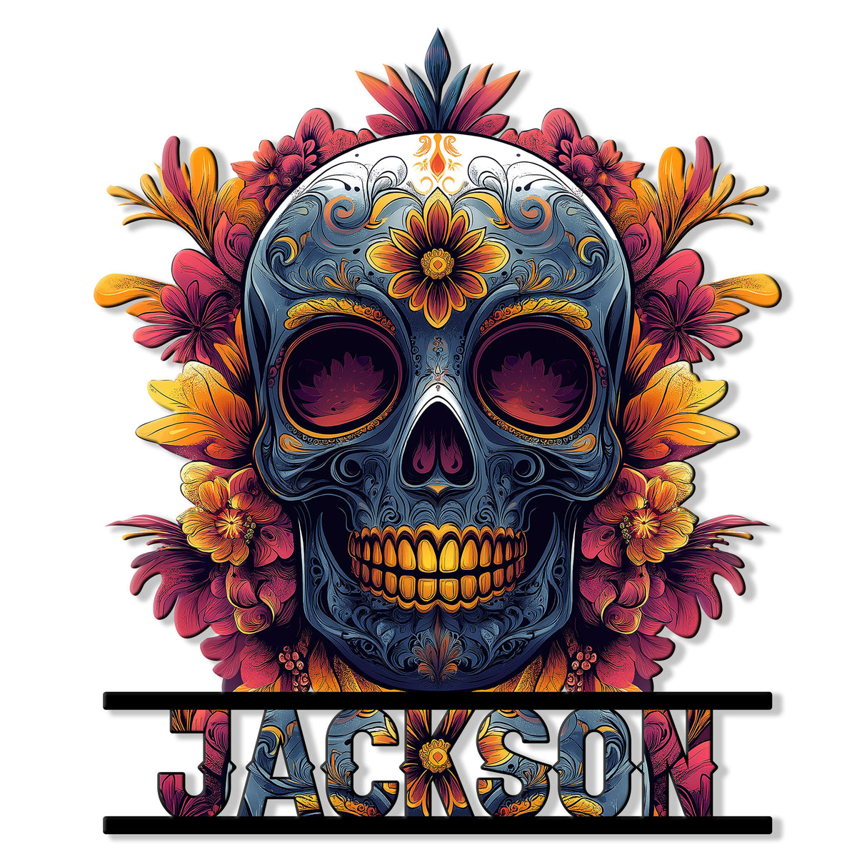 Colorful sugar skull metal sign surrounded by vibrant flowers and ornate decorative details