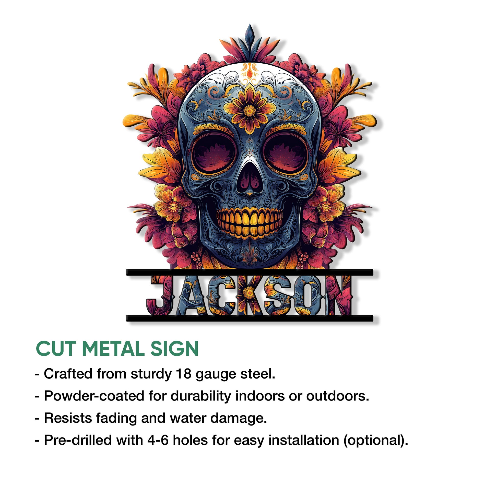 Sugar skull metal sign feature graphic highlighting cut-metal construction and display features