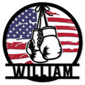 Patriotic boxing gloves metal sign featuring red, white, and blue colors in a bold circular design