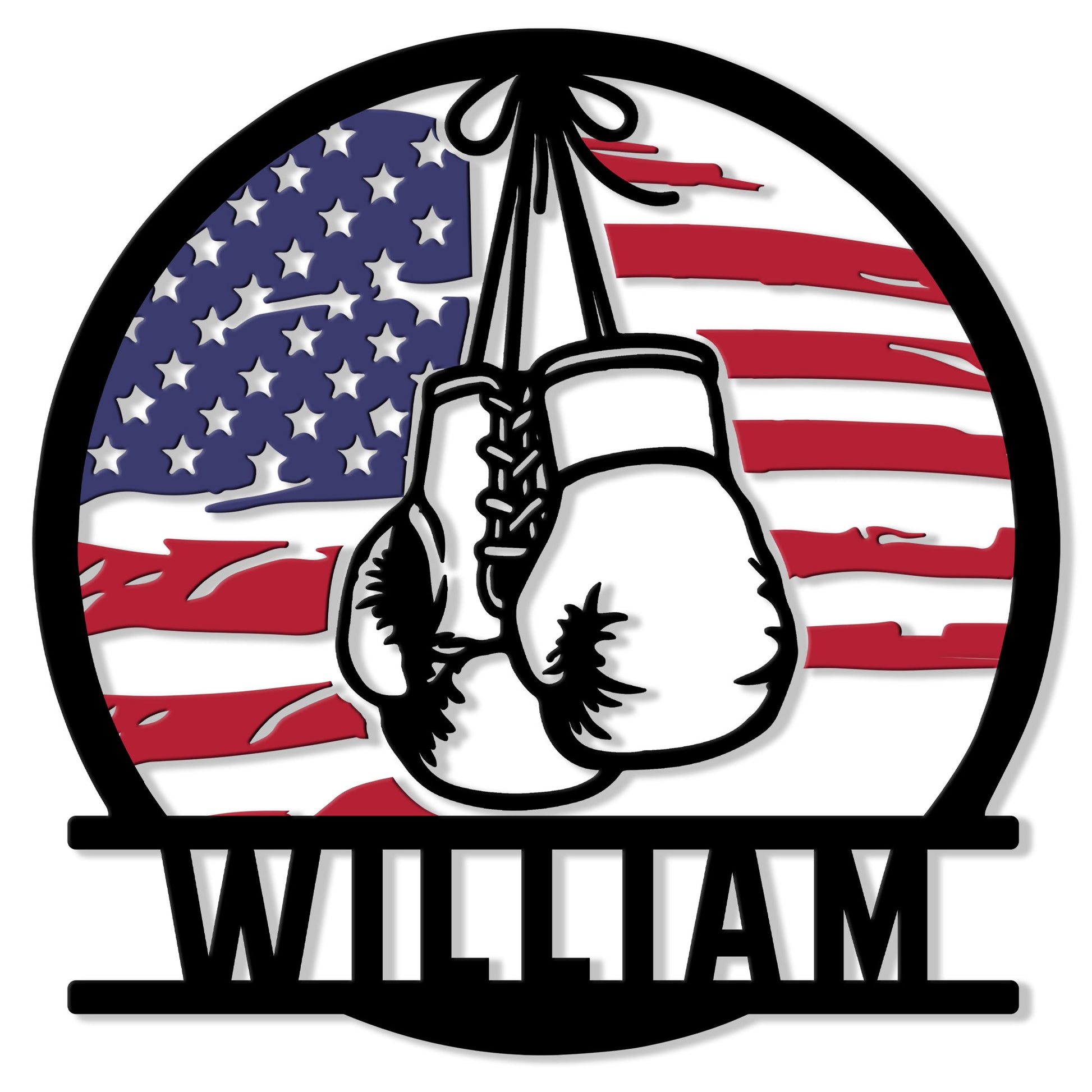 Patriotic boxing gloves metal sign featuring red, white, and blue colors in a bold circular design