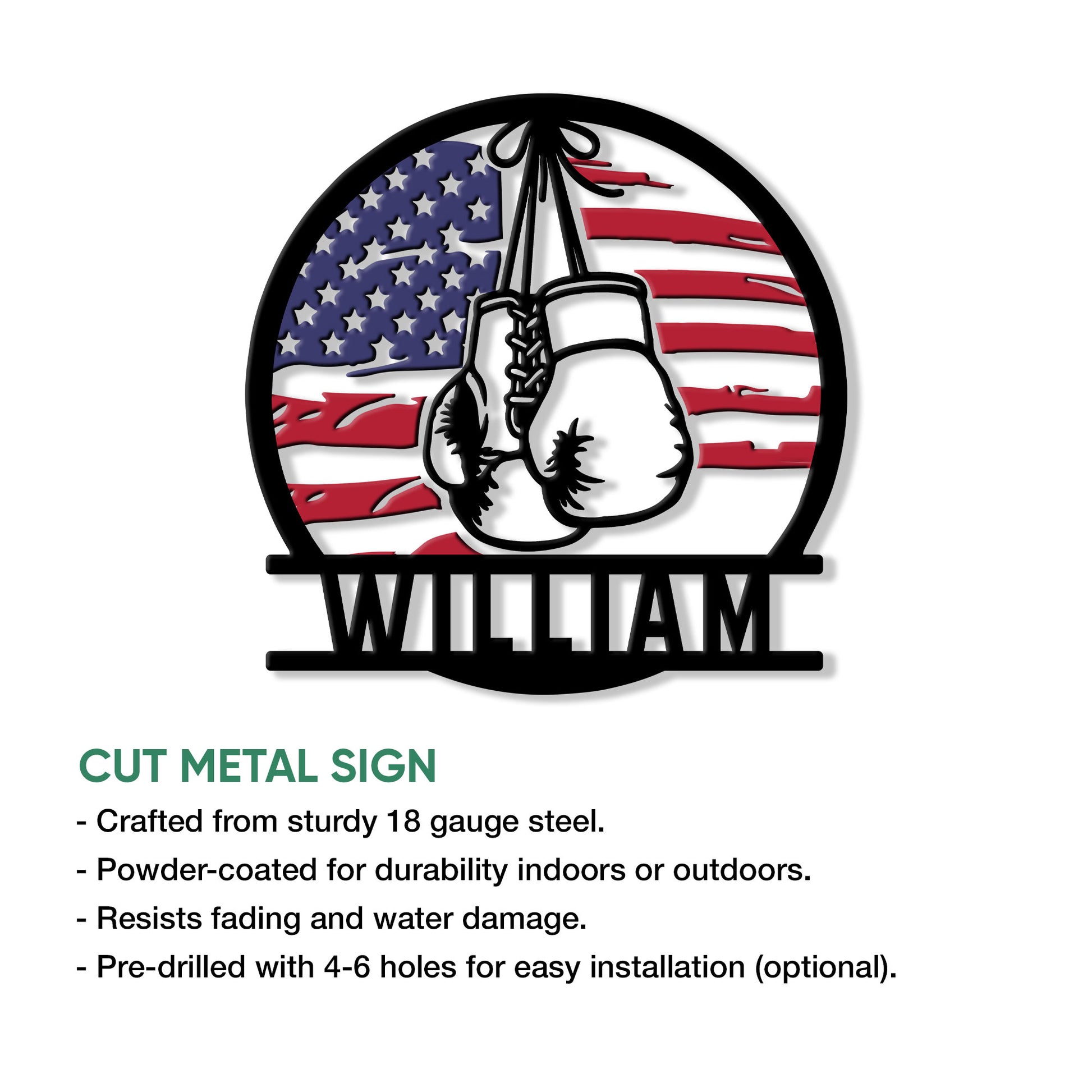 Close product view of a patriotic boxing wall sign with hanging gloves and an American flag-inspired design