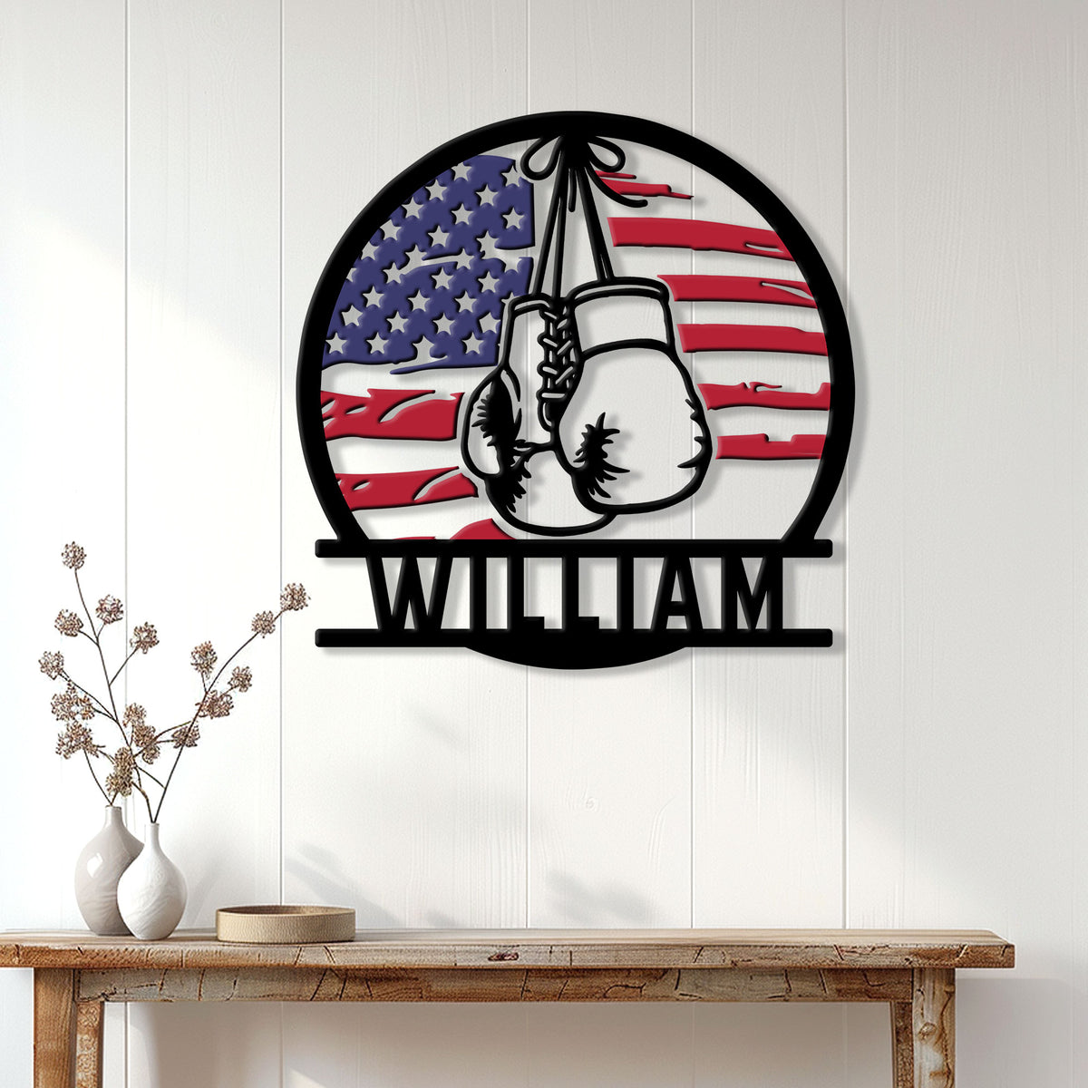 Patriotic boxing metal sign displayed on a white paneled wall above a console table