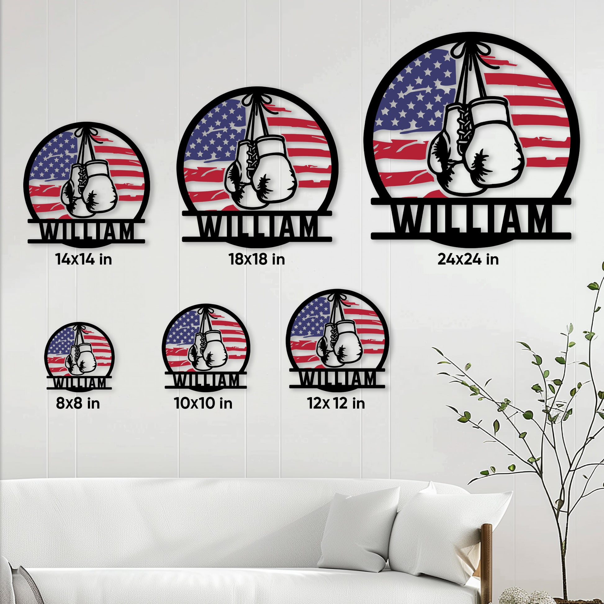 Boxing metal sign size guide showing six square size options from 8 by 8 to 24 by 24 inches