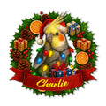 Christmas cockatiel metal sign featuring a festive bird in a Santa hat, lights, gifts, holly and pinecones