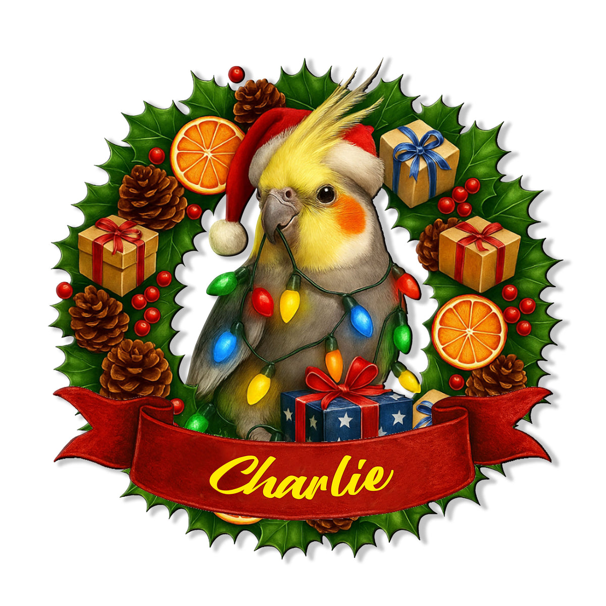 Christmas cockatiel metal sign featuring a festive bird in a Santa hat, lights, gifts, holly and pinecones