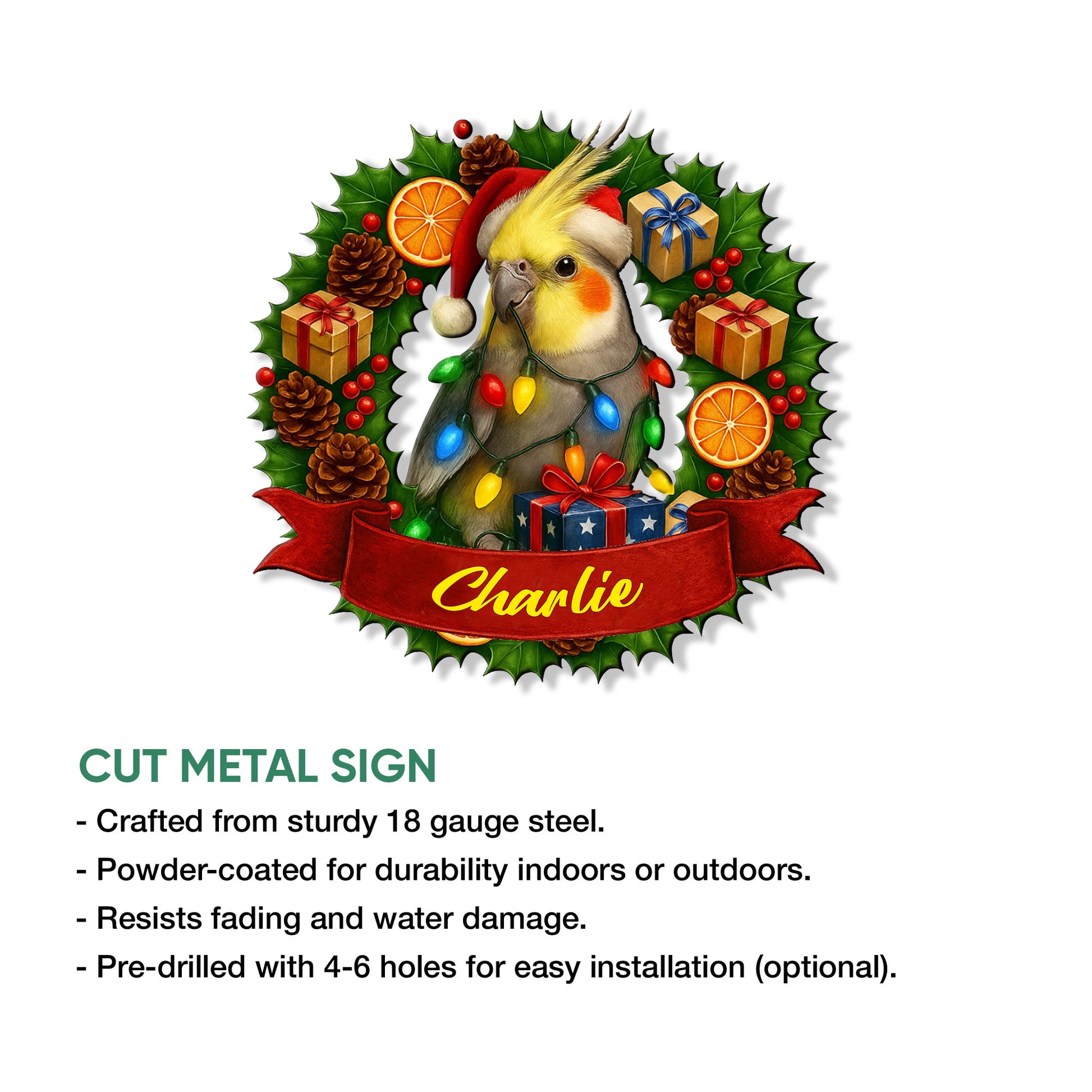 Festive cockatiel cut metal sign shown with its holiday wreath artwork and product feature details