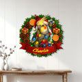Christmas cockatiel wall sign displayed on a light wood-paneled wall above a console table